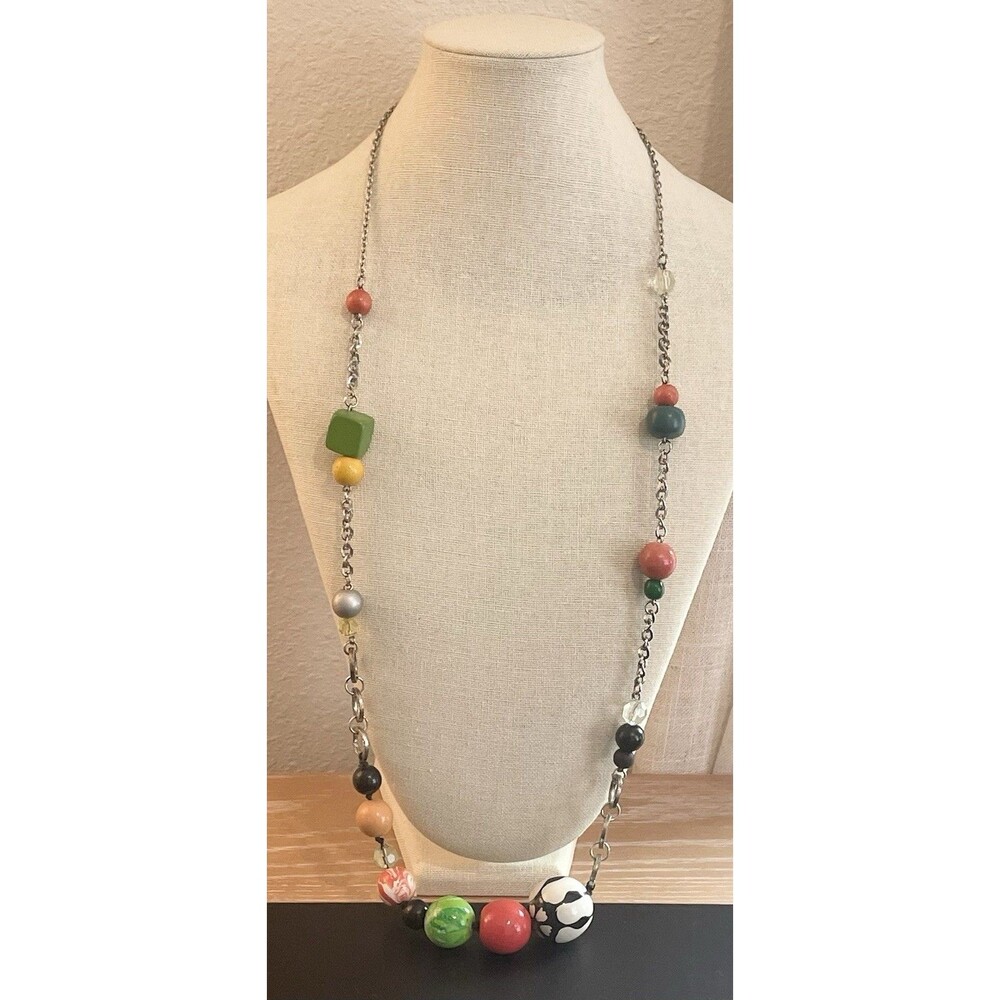 Fun & Colorful Beaded Long Silver Tone Necklace